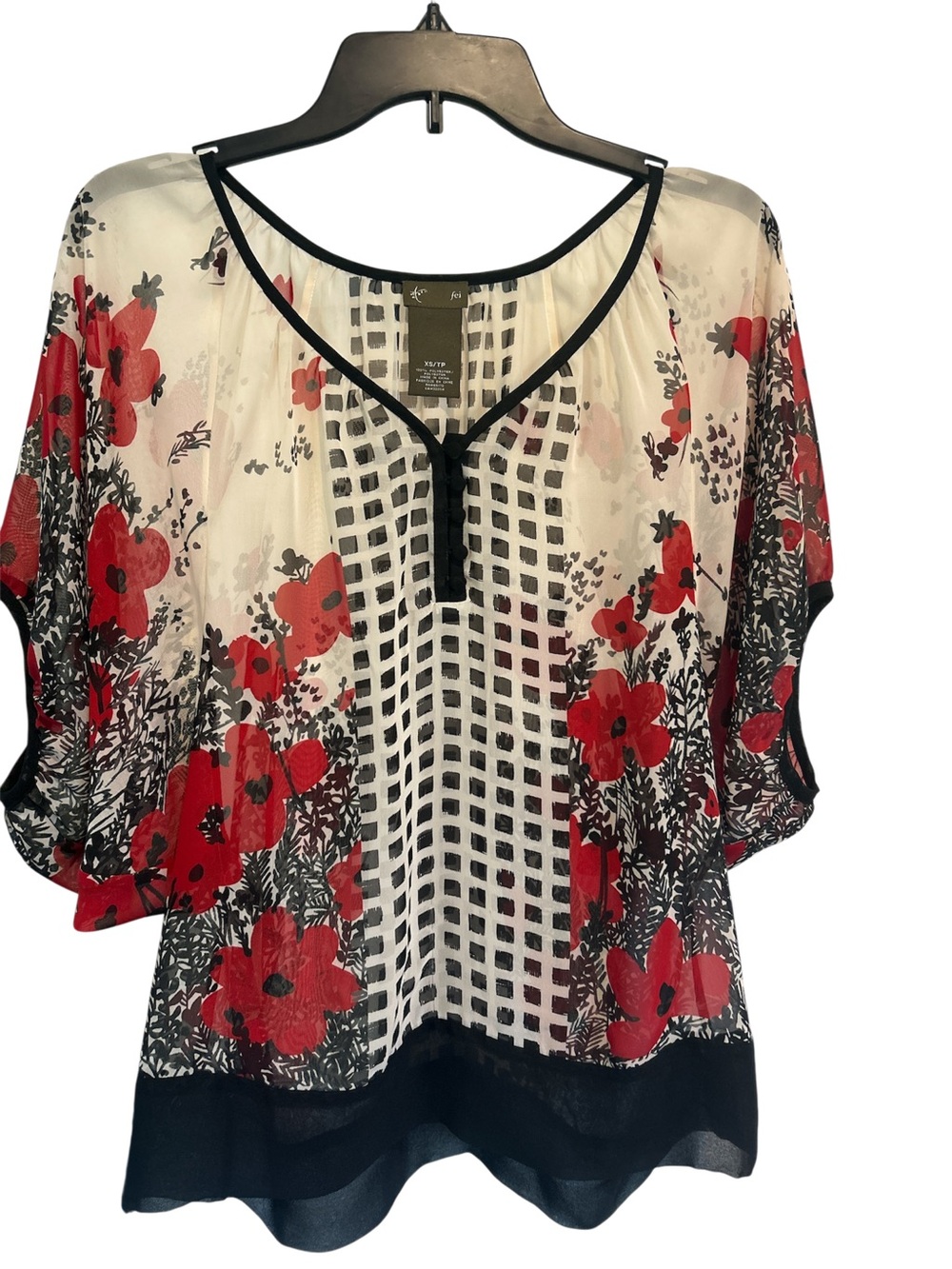 fei Women’s Floral Grid Print Sheer Blouse - Red/Black